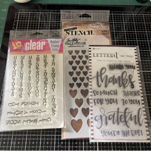 Lot  2 Stamp Sets 1 Tim Holtz Hearts Stencil Ranger Letter It Vertical Greeting